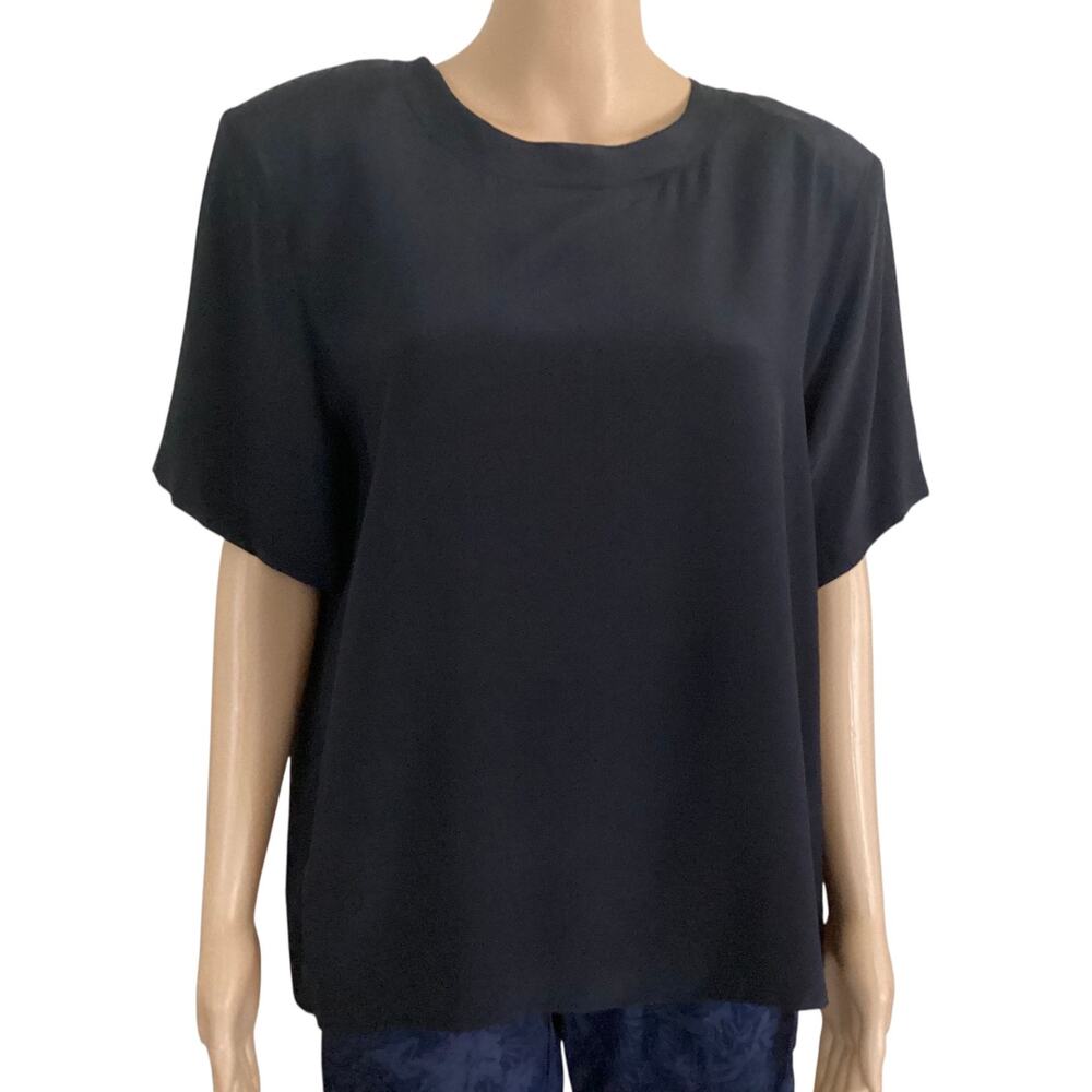 Vintage Anna and Frank Washable Silk Blouse Black Short Sleeve Crew Neck XL